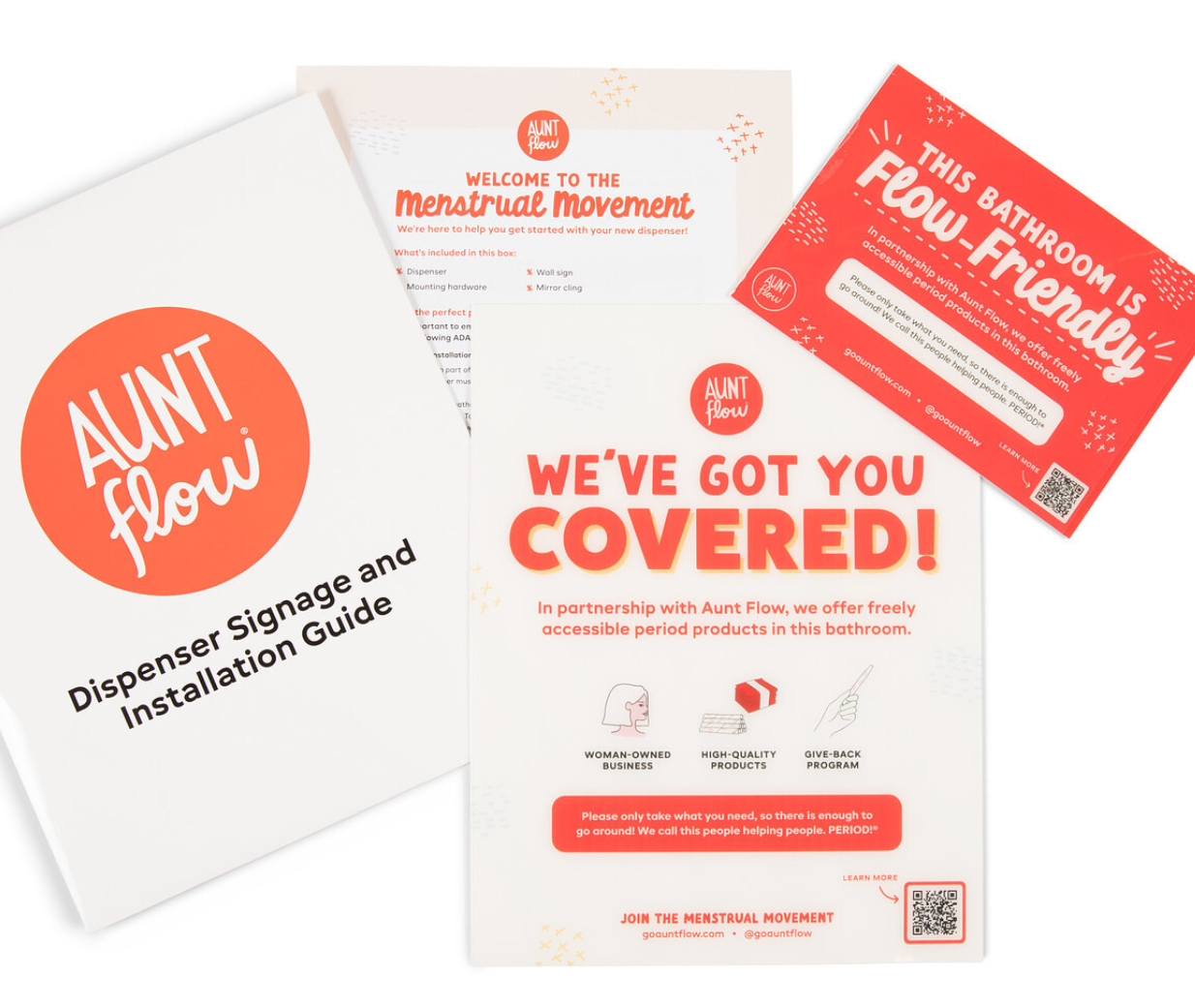 Aunt Flow menstrual product packaging with dispenser signage and installation guide on a white background